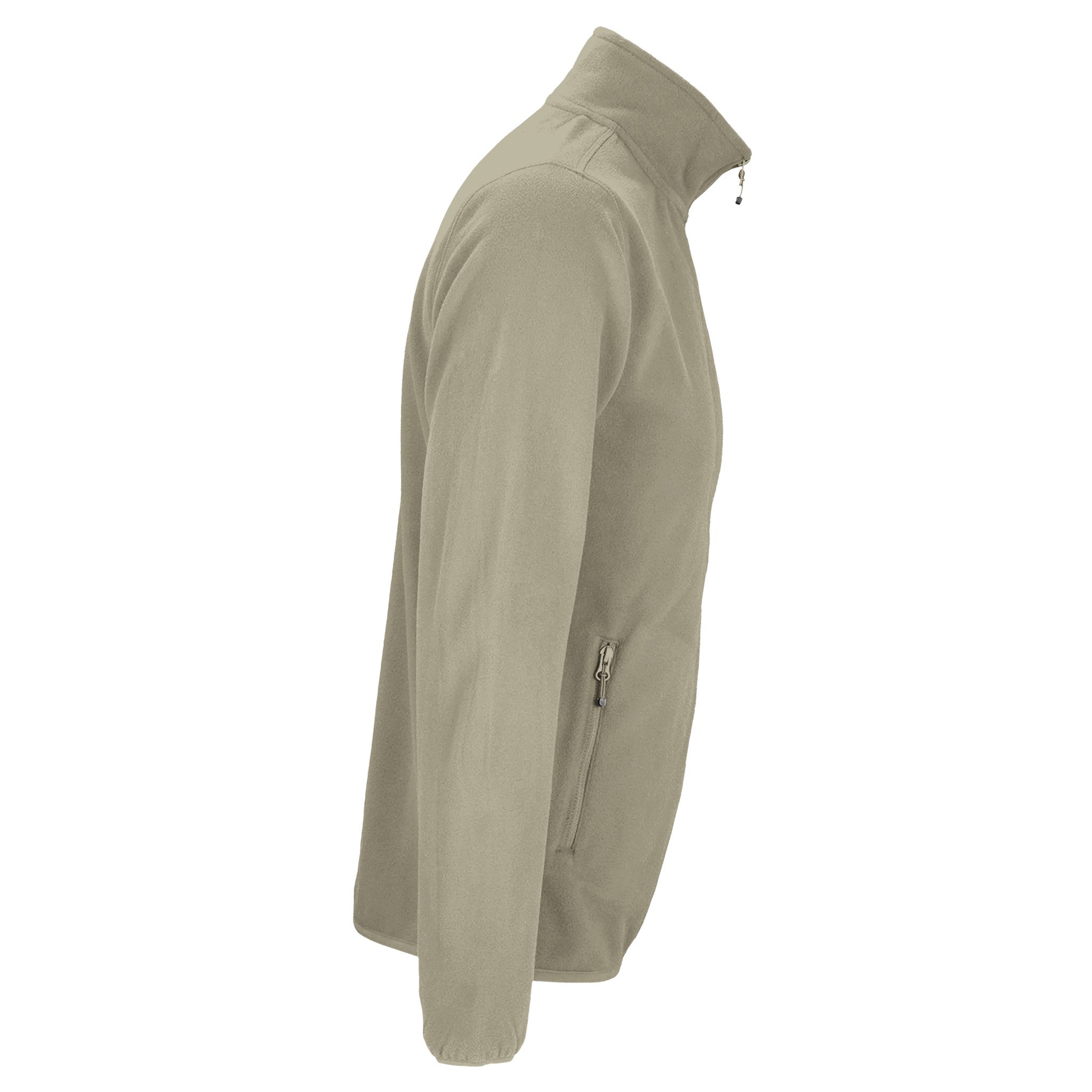 Vue latérale de la veste polaire homme DTS™ Essential beige sable avec col montant zippé et poche latérale style outdoor sportwear premium minimaliste